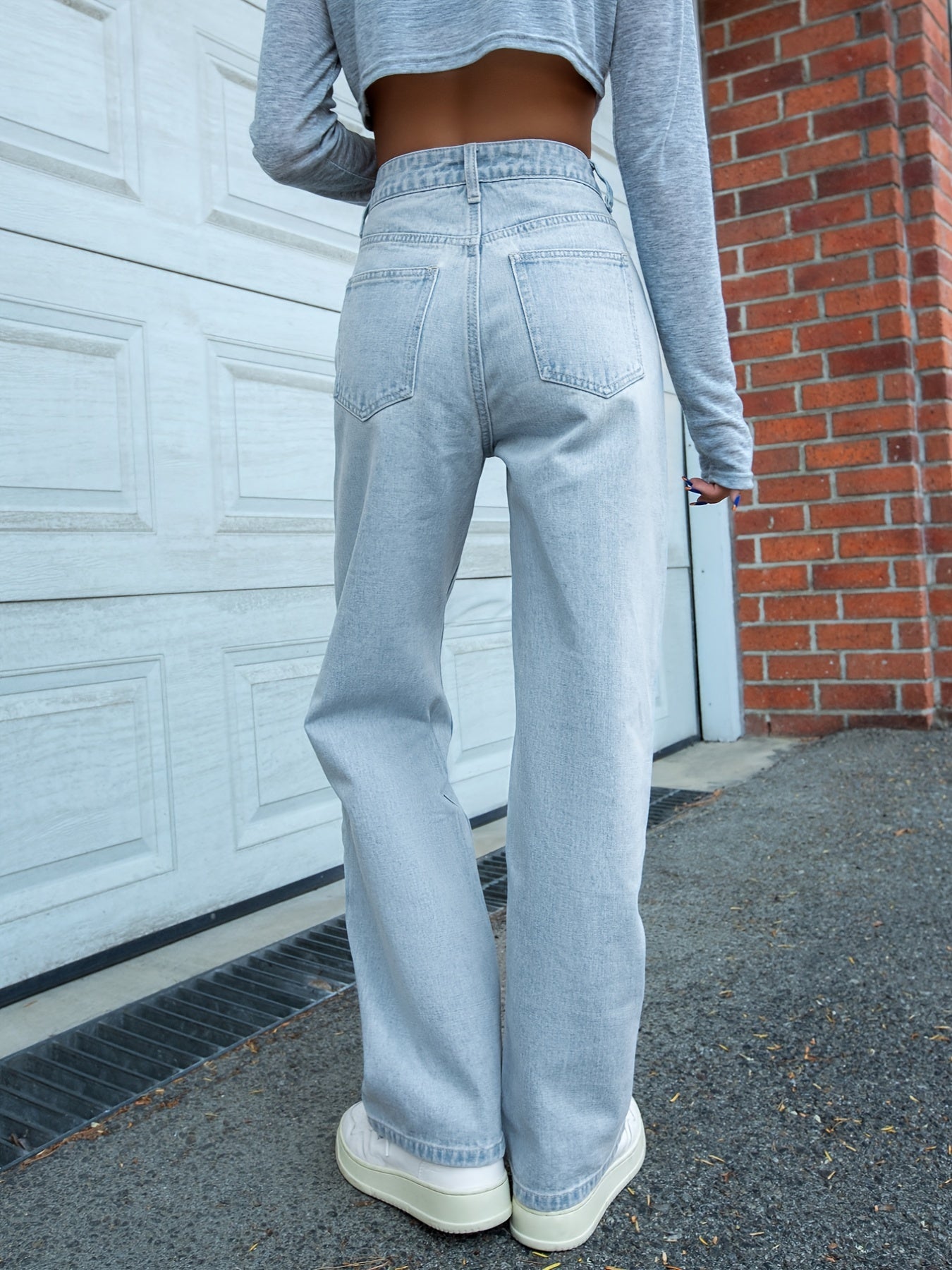 「binfenxie」Light Blue Loose Fit Straight Jeans, Slash Pockets Non-Stretch Baggy Denim Pants, Women's Denim Jeans & Clothing