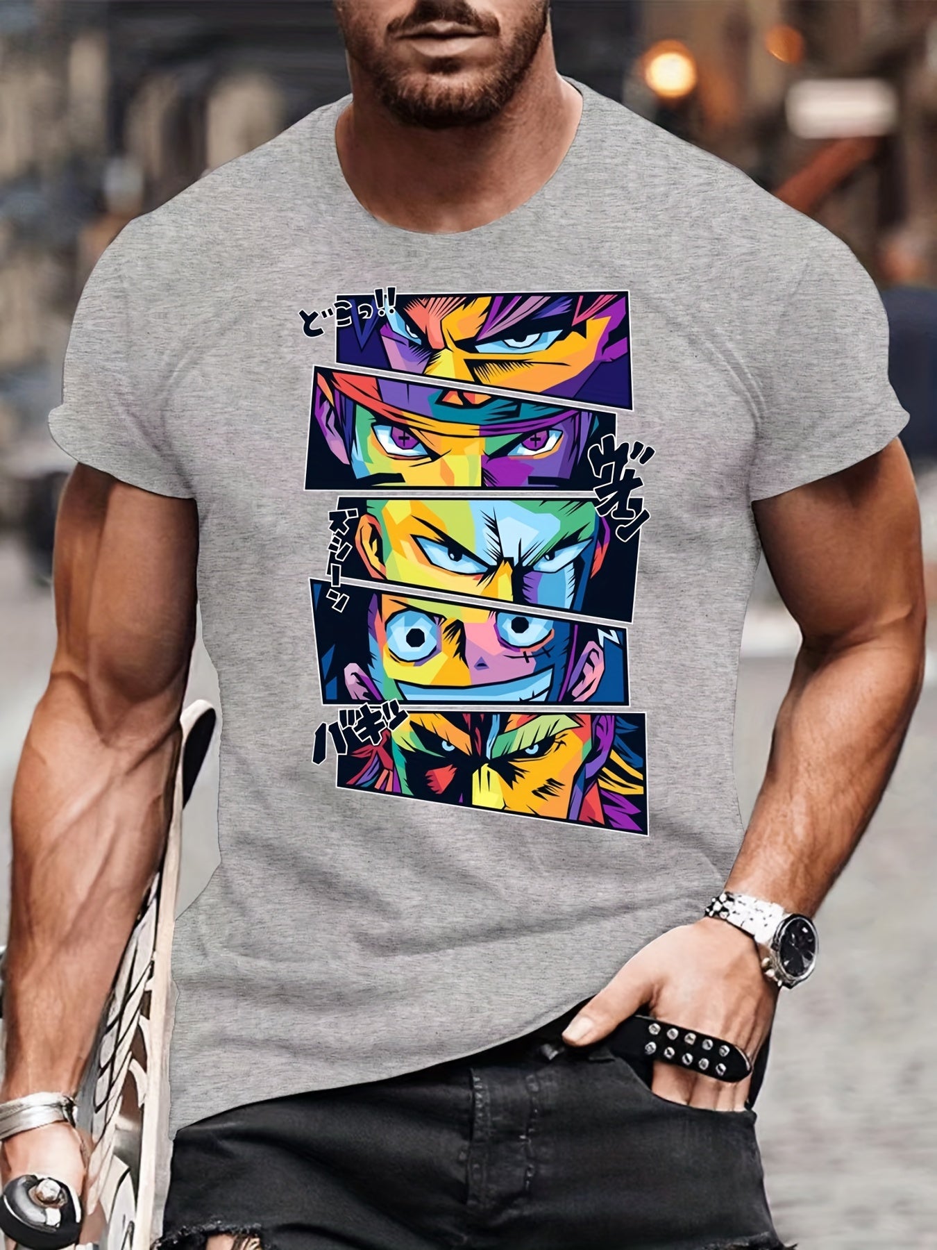 「binfenxie」Men's Casual Trendy Cartoon Anime Hero Character Print T-shirt, Short Sleeve Crew Neck Hip Hop Style Tees For Summer Holiday Gift