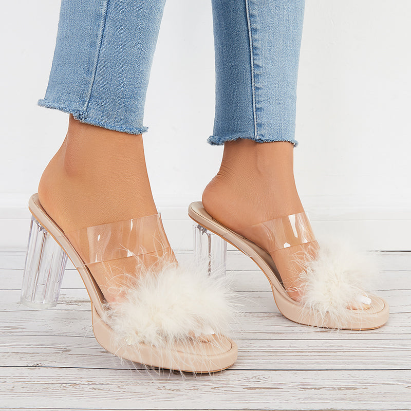 Furry Clear Platform Chunky Heels Open Toe Slide Sandals