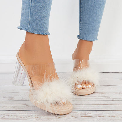 Furry Clear Platform Chunky Heels Open Toe Slide Sandals