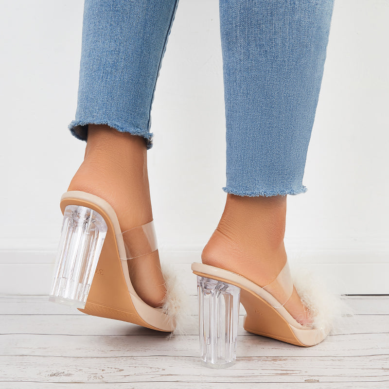 Furry Clear Platform Chunky Heels Open Toe Slide Sandals