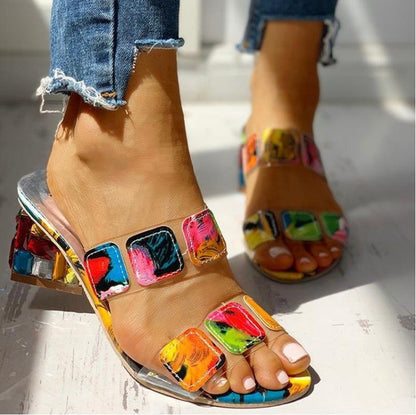 Women Rhinestone Thick Heel Slippers Colorful Mid Heel Women Sandals