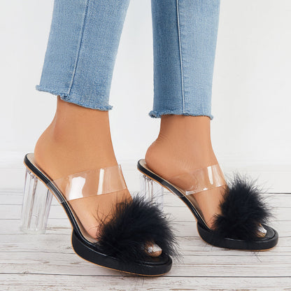 Furry Clear Platform Chunky Heels Open Toe Slide Sandals