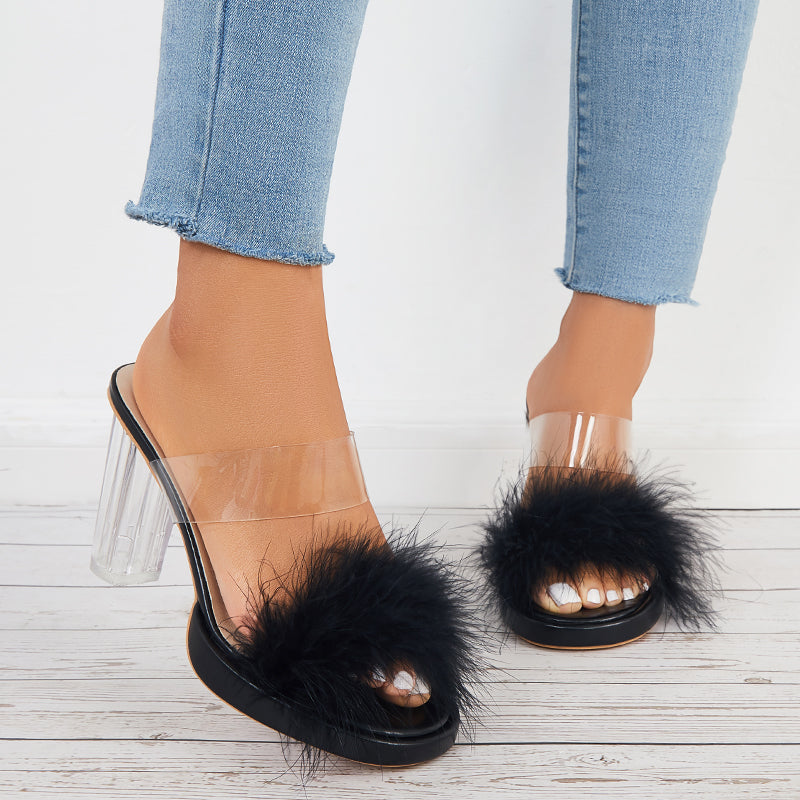 Furry Clear Platform Chunky Heels Open Toe Slide Sandals