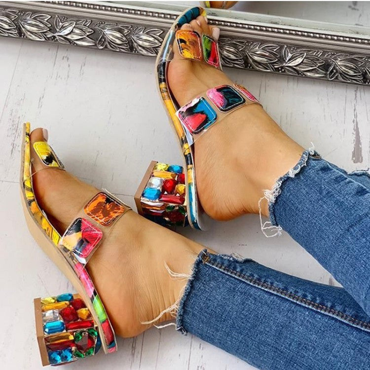 Women Rhinestone Thick Heel Slippers Colorful Mid Heel Women Sandals