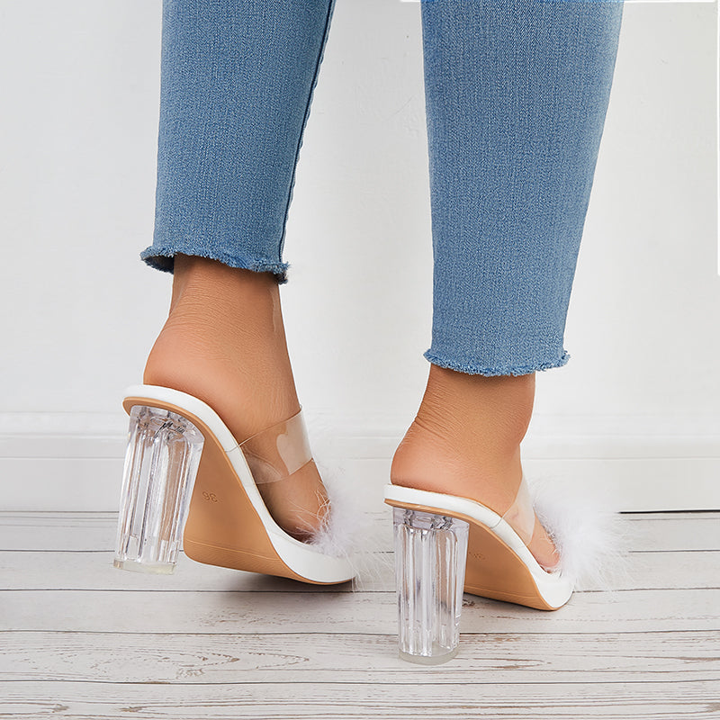 Furry Clear Platform Chunky Heels Open Toe Slide Sandals