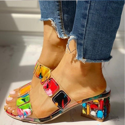 Women Rhinestone Thick Heel Slippers Colorful Mid Heel Women Sandals