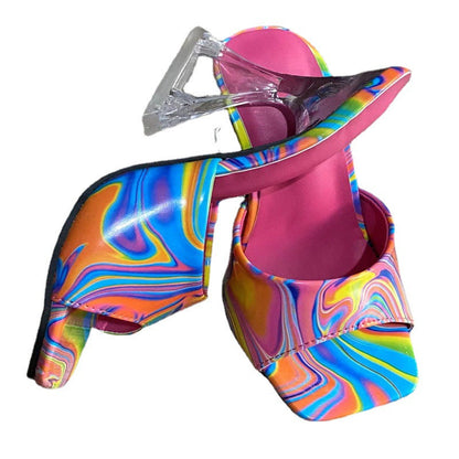 Women's Colorful Square Toe Chunky Heel Sandals Fashion Transparent Slippers