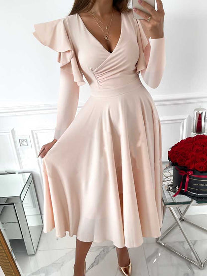 V Neck Ruffled Long Sleeved Dress