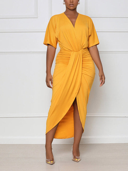 V Neck Ruched Wrap Slit Dress