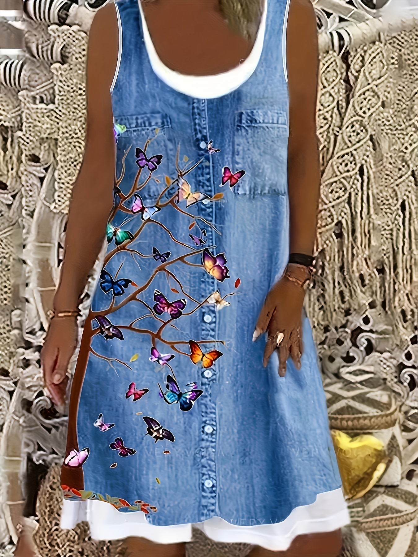 「binfenxie」Denim & Butterfly Print Dress, Casual Sleeveless Dress For Spring & Summer, Women's Clothing