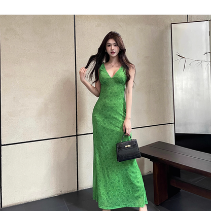 Green V-neck Dress HOT1172