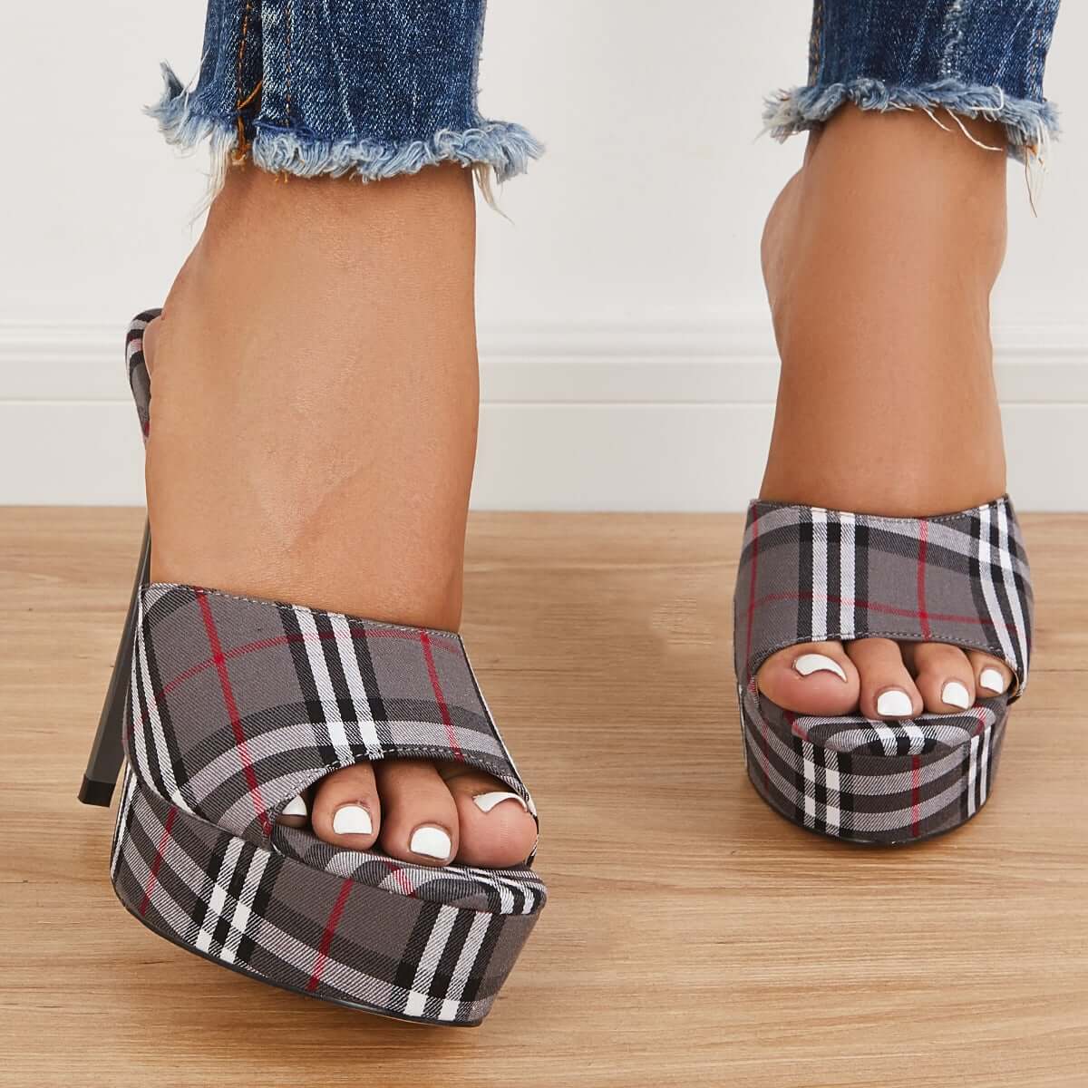 Women Plaid Platform High Heels Sandals