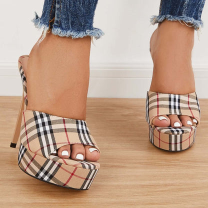 Women Plaid Platform High Heels Sandals