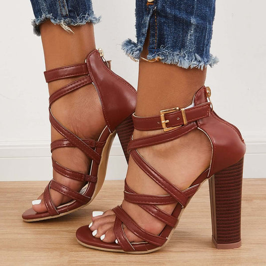 Women Summer Wedding Heels Chunky Block High Heels Open Toe Crisscross Ankle Strap Sandals Imilybela