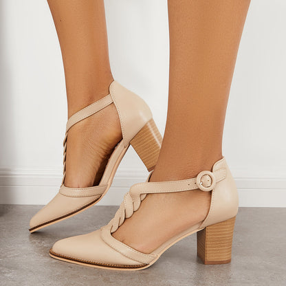 Pointed Toe Twist T-Strap Dress Pumps Ankle Strap Block Heels