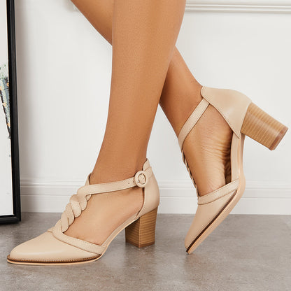 Pointed Toe Twist T-Strap Dress Pumps Ankle Strap Block Heels