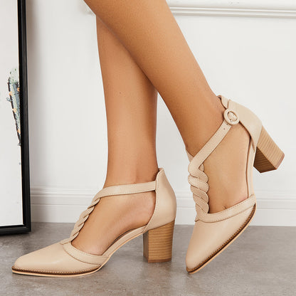 Pointed Toe Twist T-Strap Dress Pumps Ankle Strap Block Heels