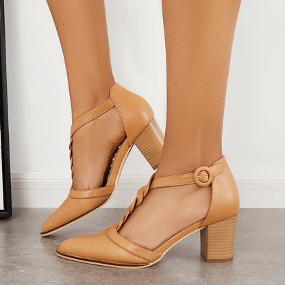 Pointed Toe Twist T-Strap Dress Pumps Ankle Strap Block Heels