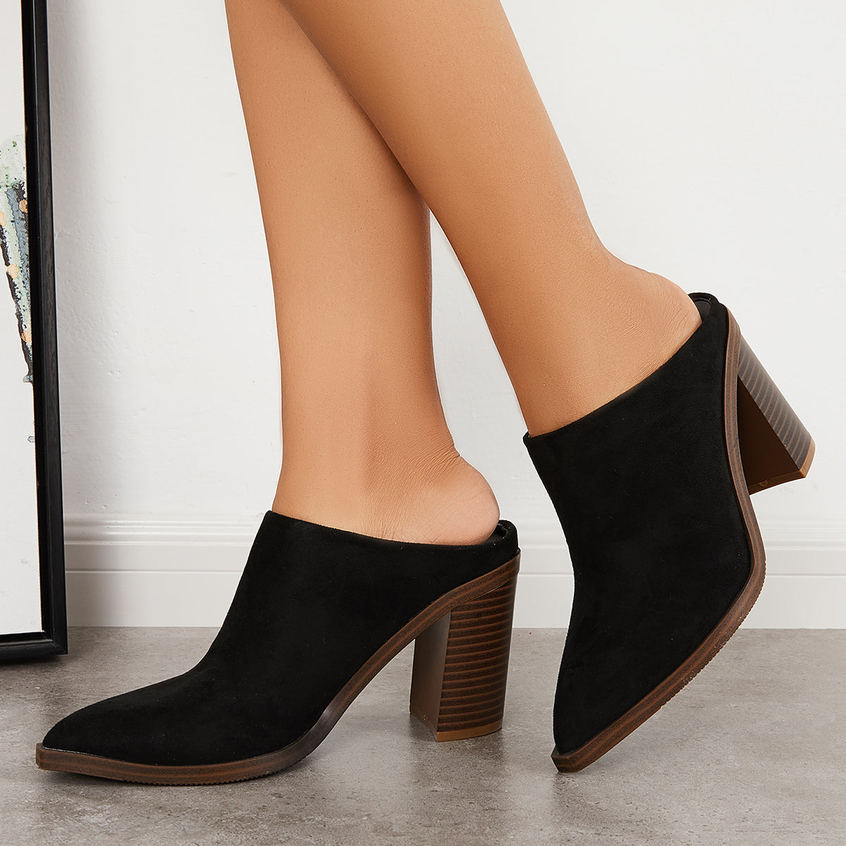 Women Pointed Toe Chunky Stacked Heel Mules Boots Slip on Backless Shoes