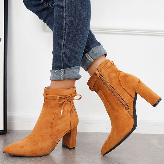 Women Bow Decor Chunky Heeled Booties Side Zipper Ankle Boots