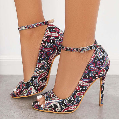 Peep Toe High Heel Pumps Ankle Strap Stilettos Thin Heels