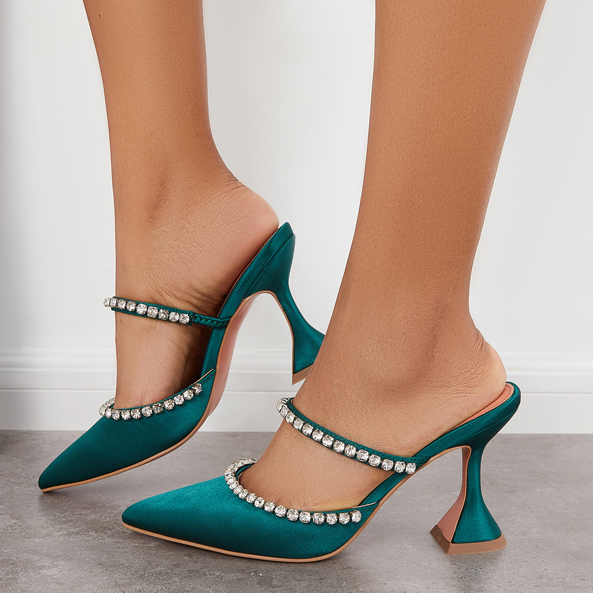 Rhinestone Pyramid Heel Mules Pointed Toe Backless Dress Pumps