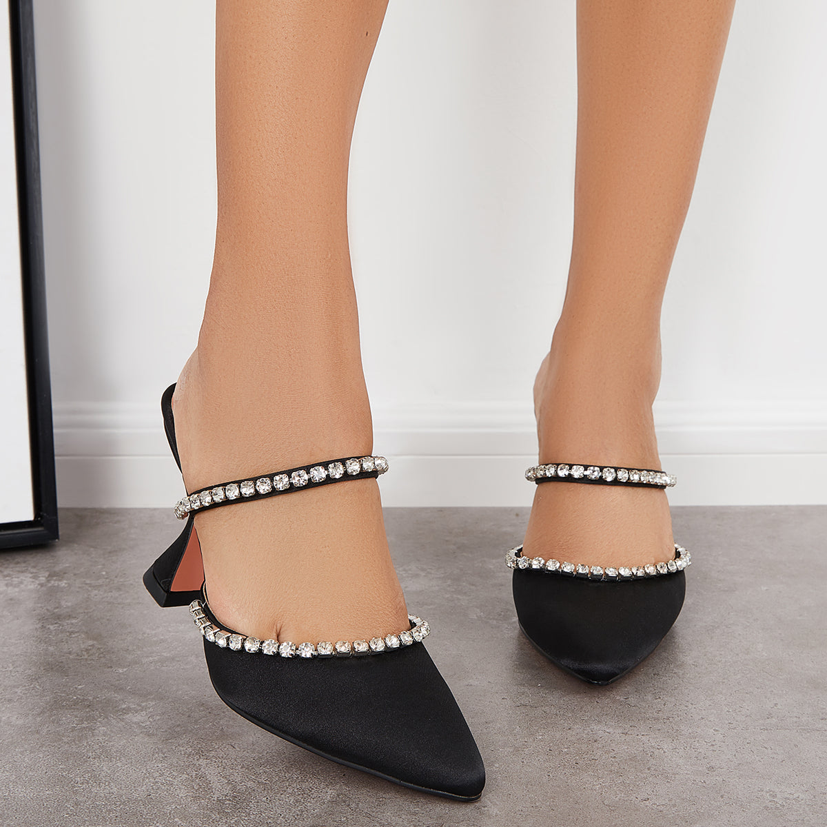 Rhinestone Pyramid Heel Mules Pointed Toe Backless Dress Pumps