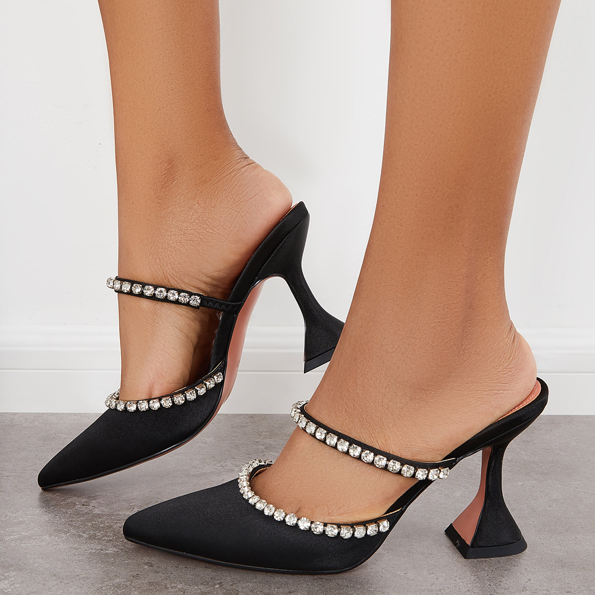 Rhinestone Pyramid Heel Mules Pointed Toe Backless Dress Pumps