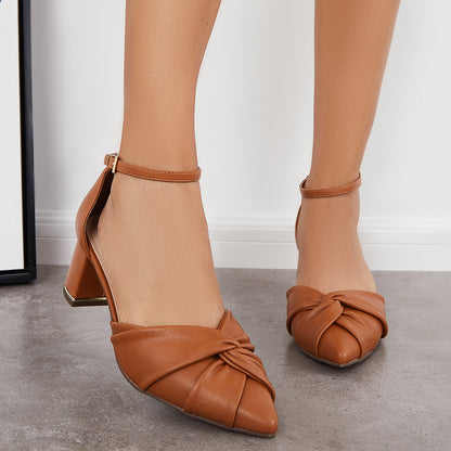 Twist Bow Chunky Block Heel Pumps Pointed Toe Ankle Strap Sandals