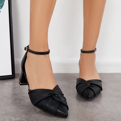 Twist Bow Chunky Block Heel Pumps Pointed Toe Ankle Strap Sandals