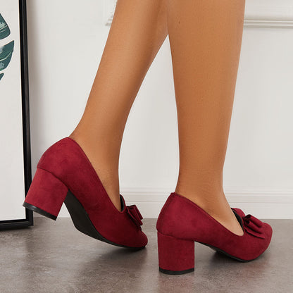 Suede Block Heel Pumps Bowknot Round Toe Slip on Dress Shoes