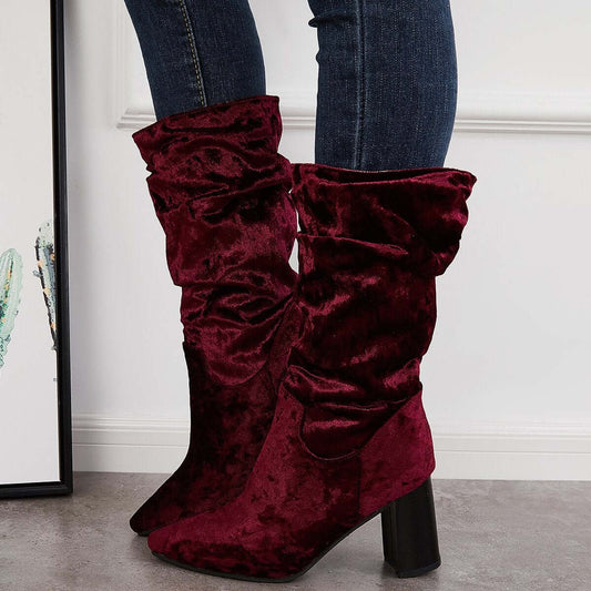 Slouch Mid Calf Boots Wide Calf Chunky Block Heel Boots for Women