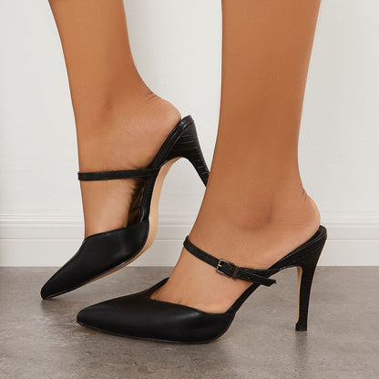 Pointy Toe Stiletto High Heel Mules Buckle Strap Pumps