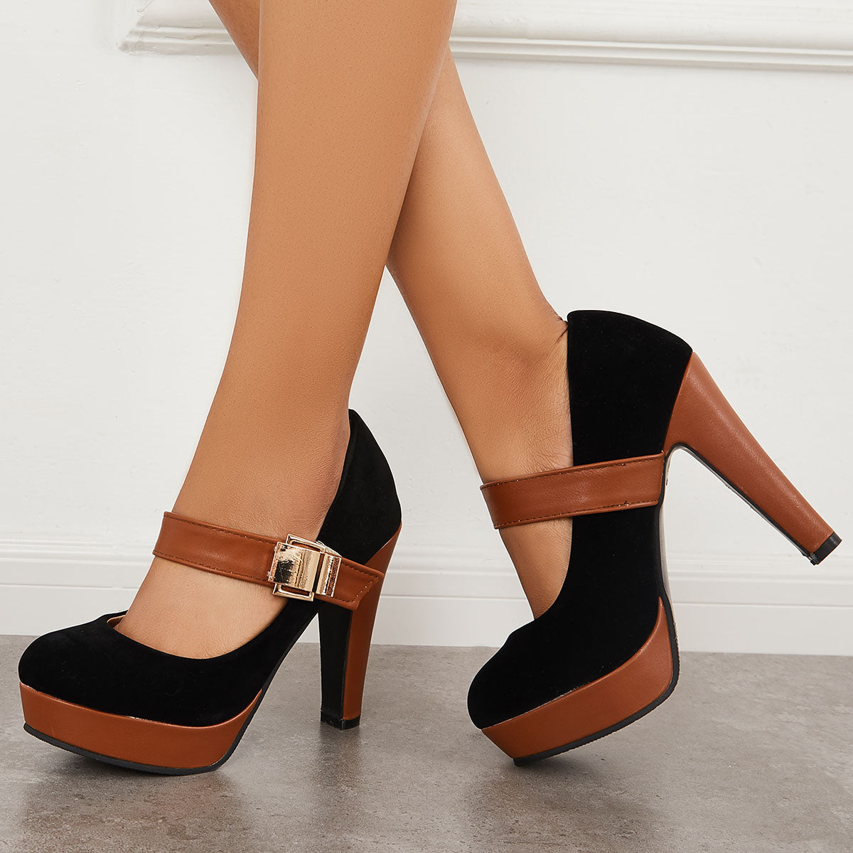 Retro Mary Jane Platform Chunky Heels Buckle Straps Pumps