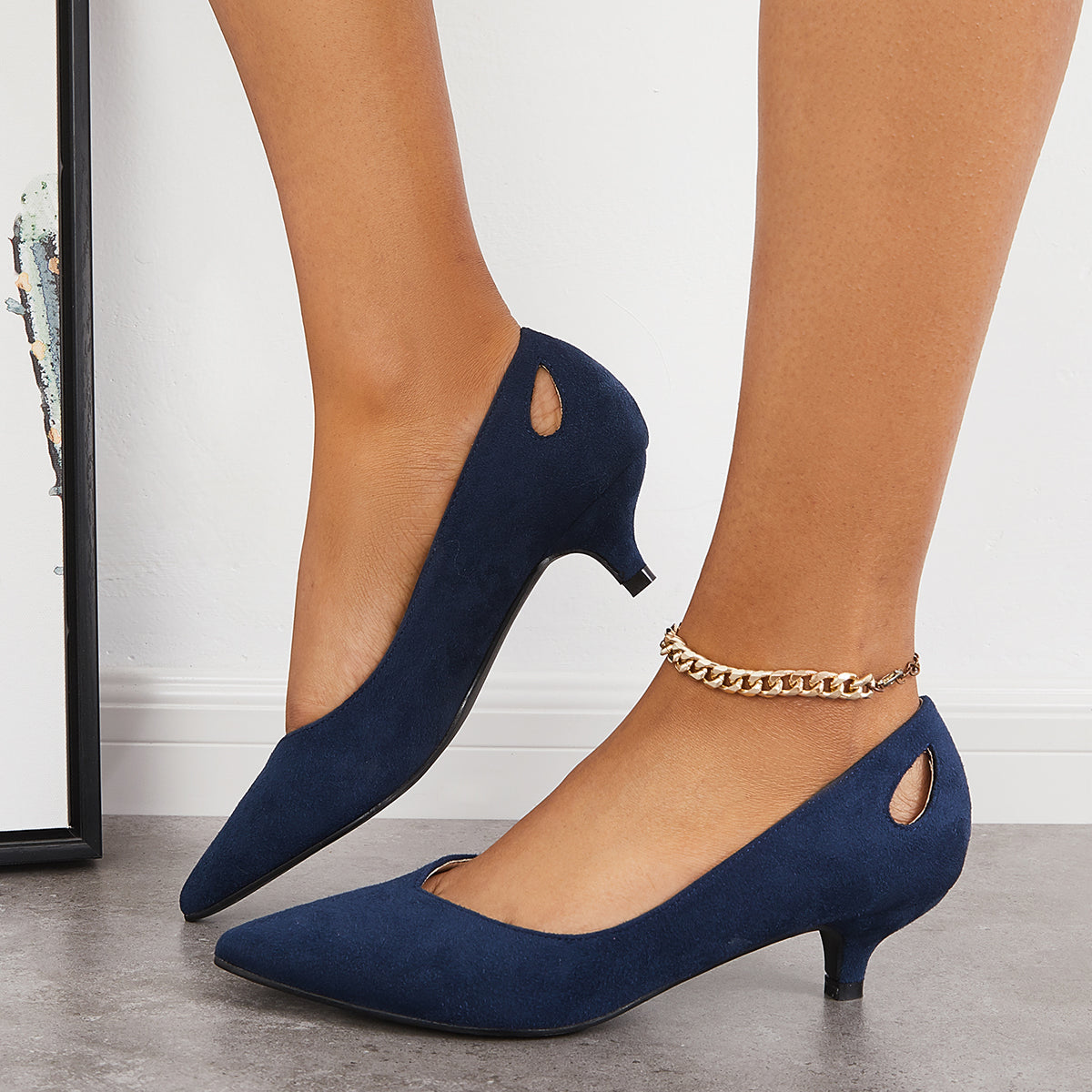 Suede Pointed Toe Slip on Low Kitten Heel Pumps