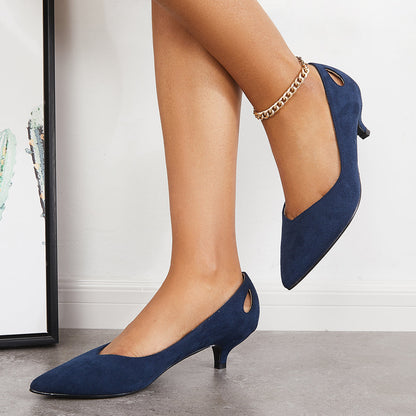 Suede Pointed Toe Slip on Low Kitten Heel Pumps