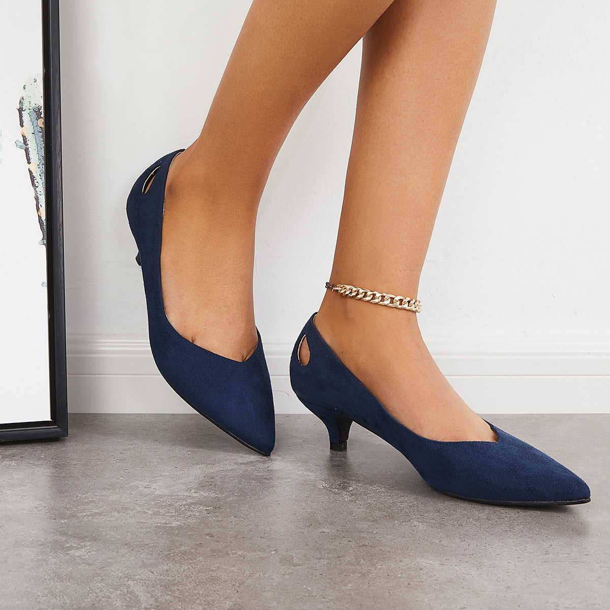 Suede Pointed Toe Slip on Low Kitten Heel Pumps