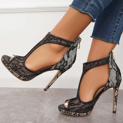 Platform Peep Toe Cutout High Heels Lace Ankle T-Strap Dress Pumps