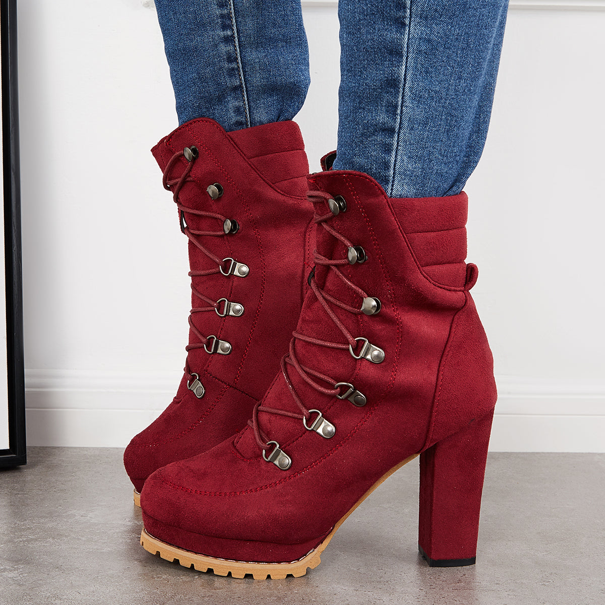 Non Slip Chunky Platform High Heels Lace Up Ankle Boots