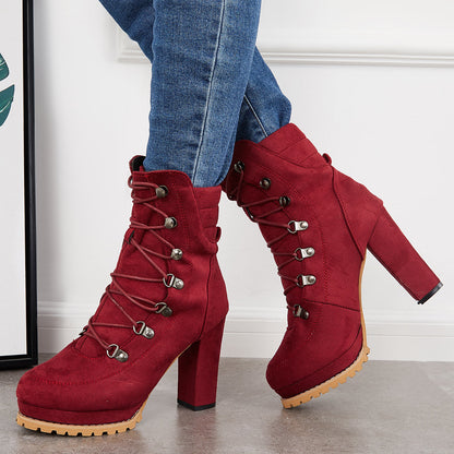 Non Slip Chunky Platform High Heels Lace Up Ankle Boots