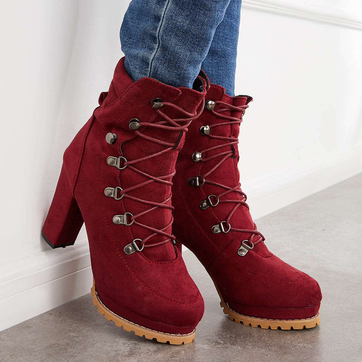 Non Slip Chunky Platform High Heels Lace Up Ankle Boots