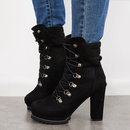 Non Slip Chunky Platform High Heels Lace Up Ankle Boots