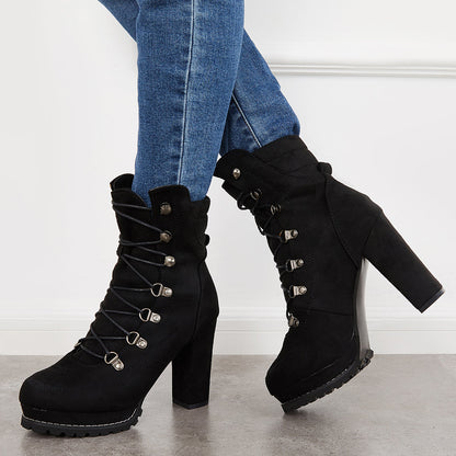 Non Slip Chunky Platform High Heels Lace Up Ankle Boots