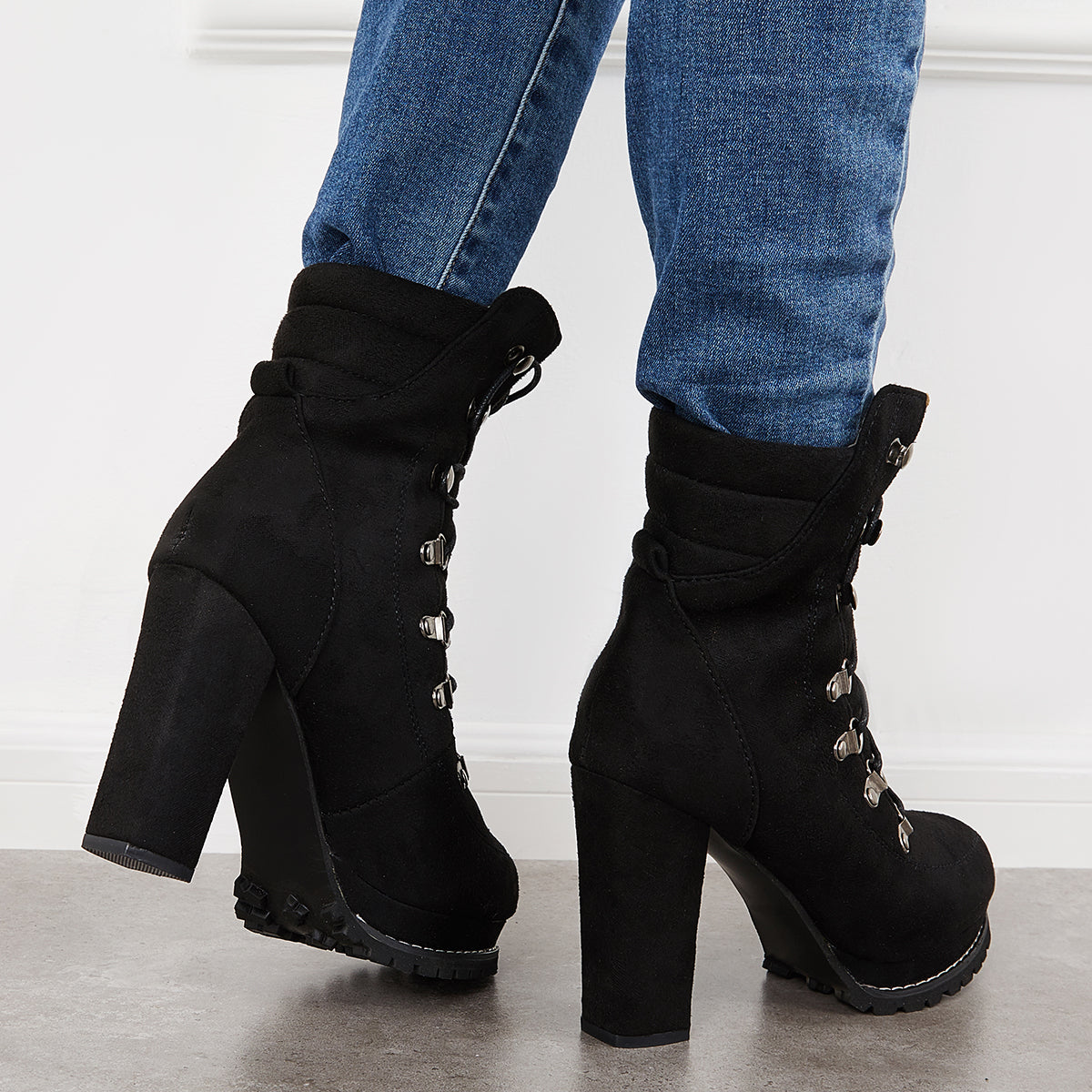 Non Slip Chunky Platform High Heels Lace Up Ankle Boots