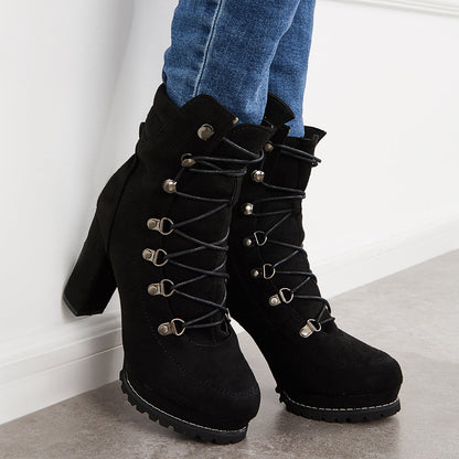 Non Slip Chunky Platform High Heels Lace Up Ankle Boots