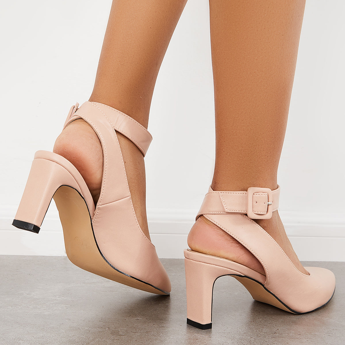 Slingback Chunky Heel Pumps Pointed Toe Ankle Strap Sandals