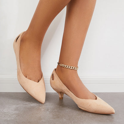 Suede Pointed Toe Slip on Low Kitten Heel Pumps