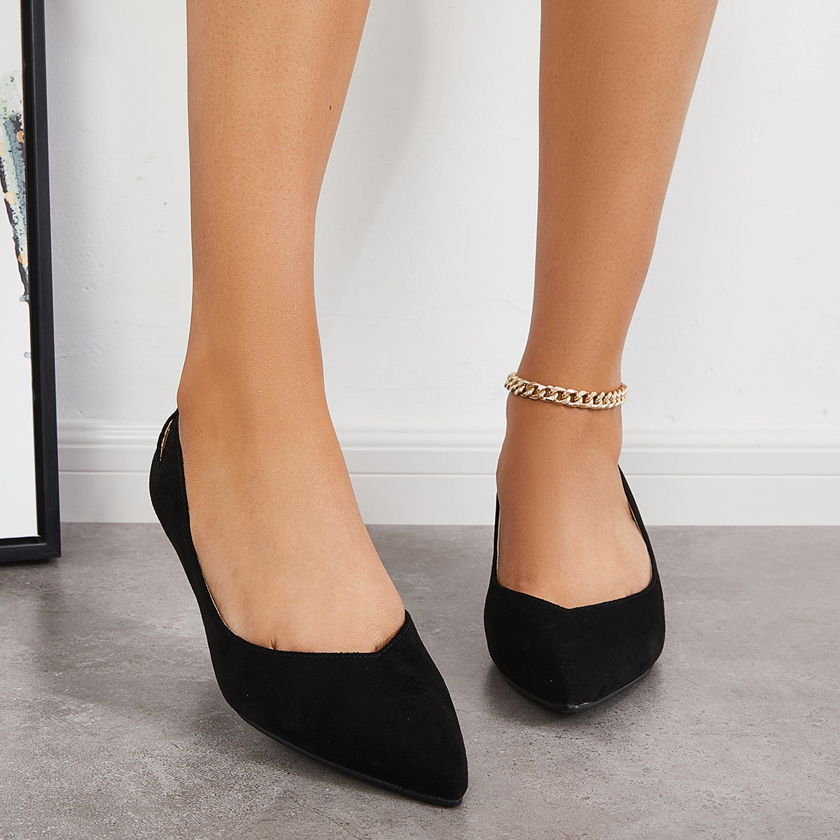 Suede Pointed Toe Slip on Low Kitten Heel Pumps