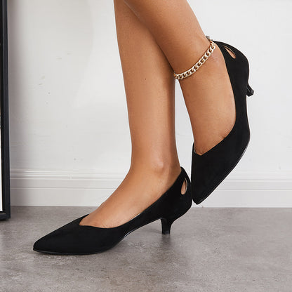 Suede Pointed Toe Slip on Low Kitten Heel Pumps